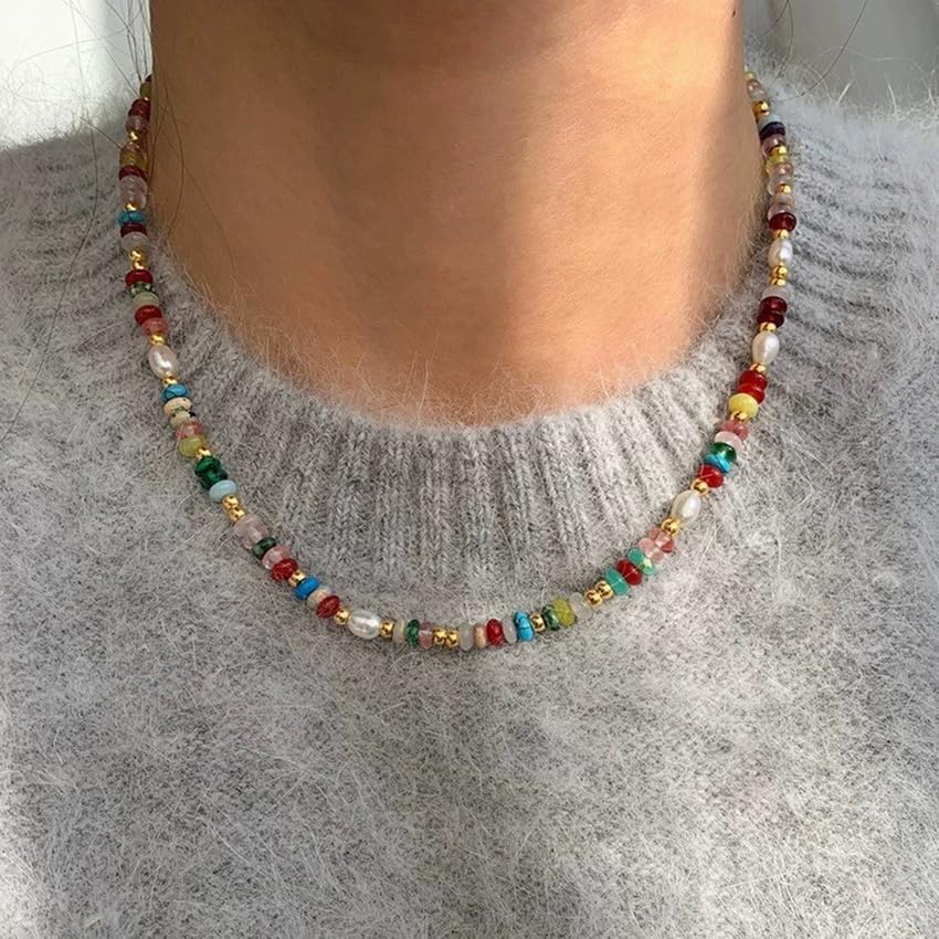 Colorful Beaded Gemstone Neckelace for Women Natural Stone Freshwater Pearl Necklace Rainbow Boho Bead Choker Necklace Charm Jewelry - Image 5