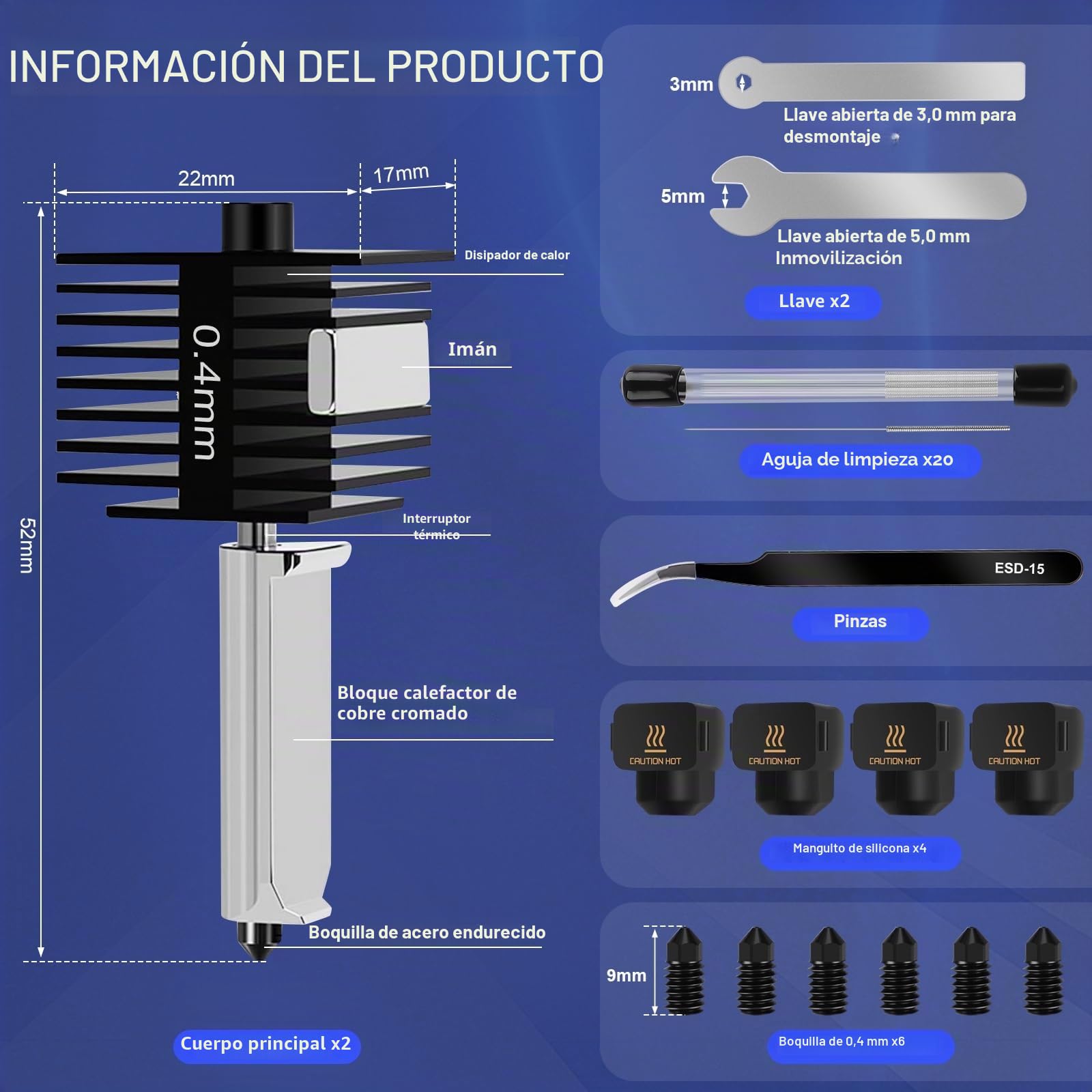 2 Piezas Kit Hotend Actualización A1 Mini, Cabezal Impresión Impresora 3D, Kit Bloque Calefactor Extremo Caliente con Boquilla Acero Endurecido 0,4 mm y Calcetines Silicona para Bambu Lab A1/A1 Mini