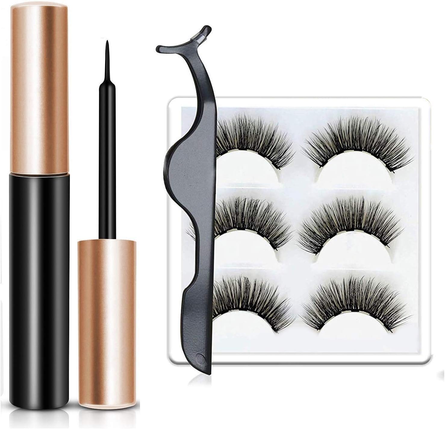 Magnetic Eyeliner and Magnetic Eyelash Kit, 2020 Newest Magnetic Eyeliner with 3D Reusable False Magnetic Lashes and Tweezers, 3 Pairs Ultra-thin Reusable Magnetic Eyelashes for Natural Look