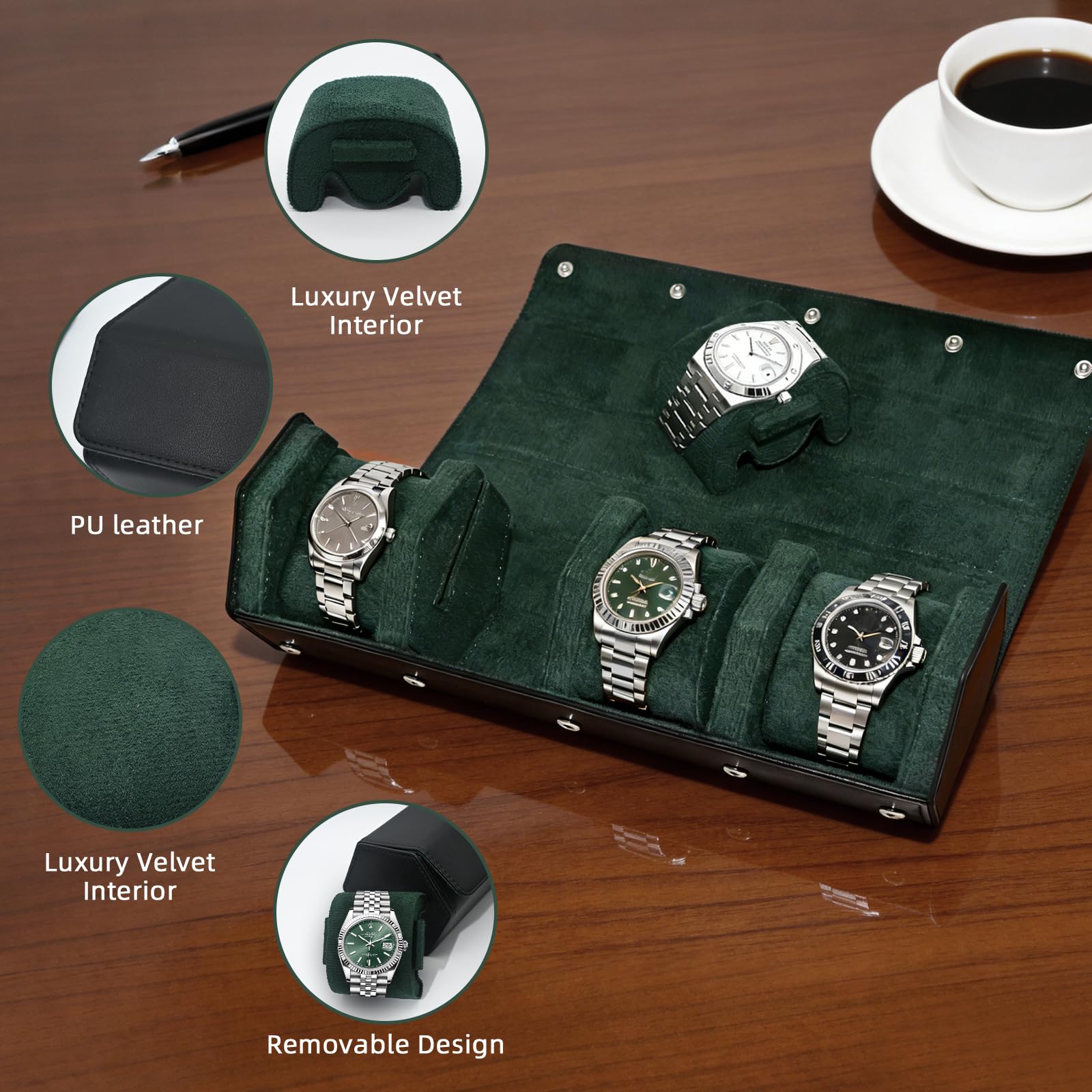 Rotolo per orologi in pelle per 4 orologi, custodia da viaggio foderata in velluto, organizer per orologi di lusso con stoccaggio ed esposizione, per uomo (4 scomparti, nero verde)