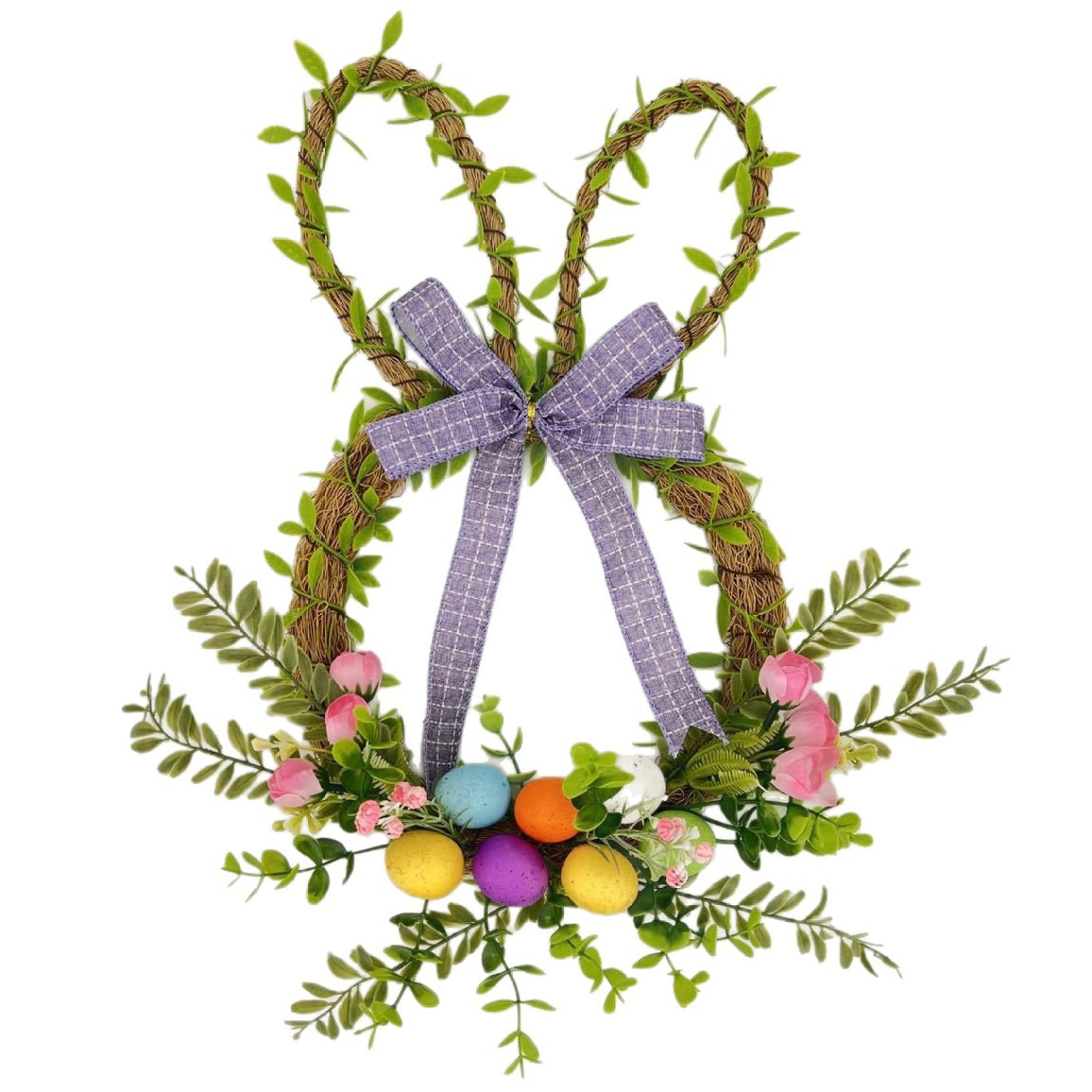 Tsawntd Wreaths Garlands, Easter Wreaths for Front Door, Purple Bow Bunny Easter Wreath with Floral Eggs, Door Decorations for Indoor Home