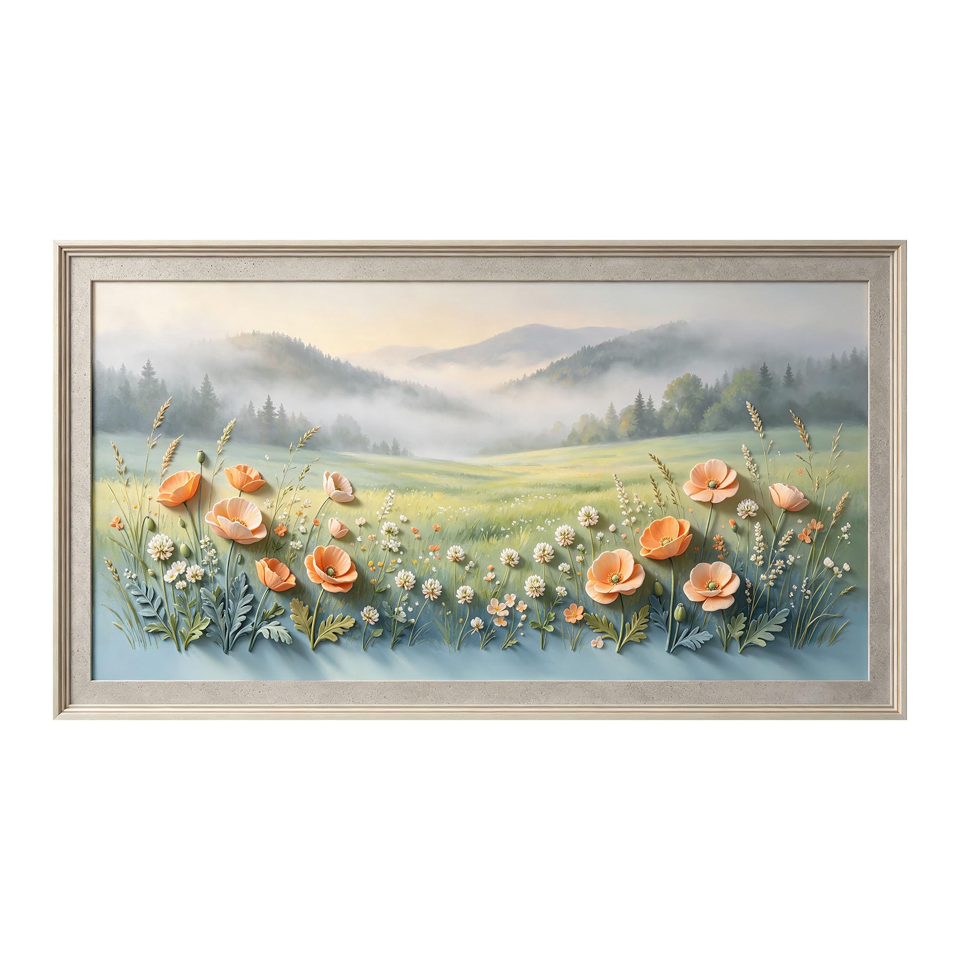 Yzpallescene 3D Framed Wall Art 50cm×100cm Botanical Meadow Landscape Watercolor Relief Effect Large Size SelfAdhesive Removable Wall Decor Prints Artwork for Living Room Bedroom Office