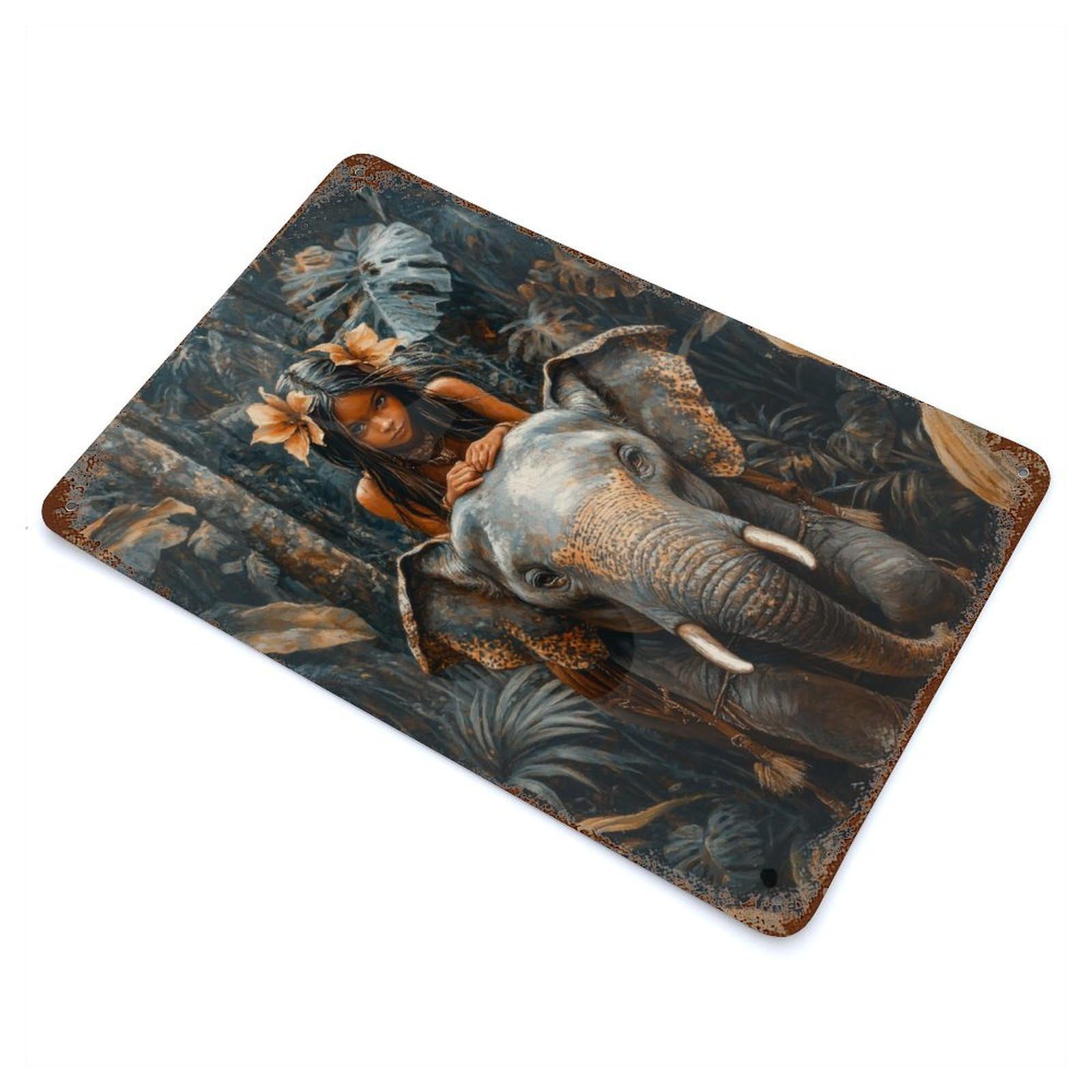 Jungle Girl And Elephant Retro Metal Sign 11.8"x7.9", Classic Wall Plaque for Garage, Pub Or Kitchen
