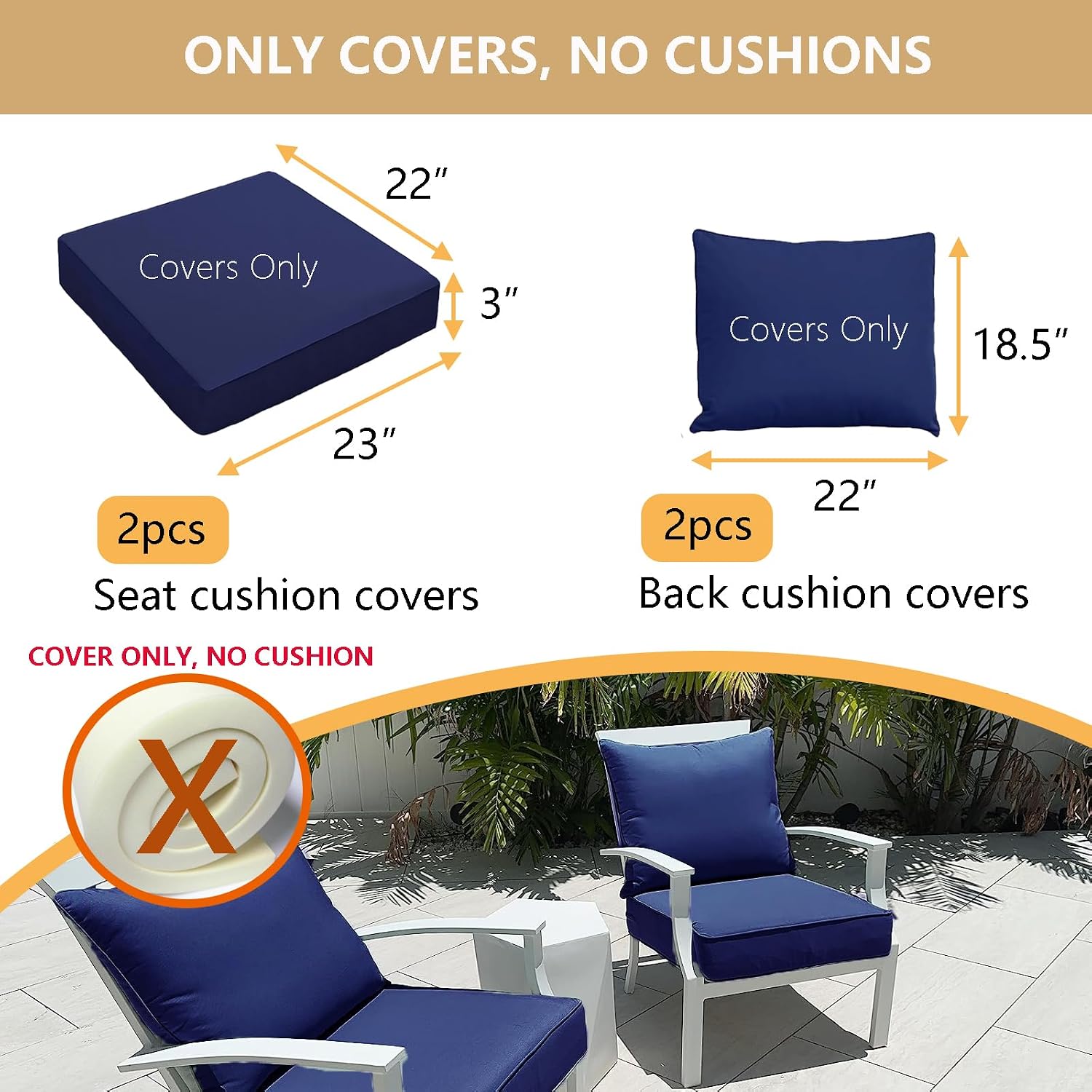 Oslimea Patio Cushion Covers Replacement Set of 2, Water UV Resistant Outdoor Cushion Slipcovers with Zipper Chair Seat Cushion Covers for Outdoor Furniture (22 x 18.5 Inch, 22 x 22 x 3 Inch, Blue)