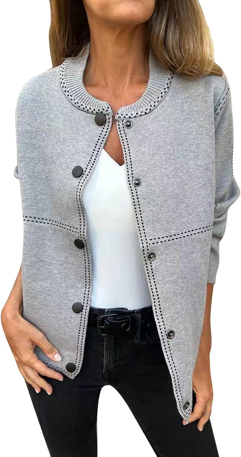 Womens Long Sleeve Sweaters Crewneck Button Down Chunky Open Front Cardigan Loose Fit Solid Color Fall Winter Coat