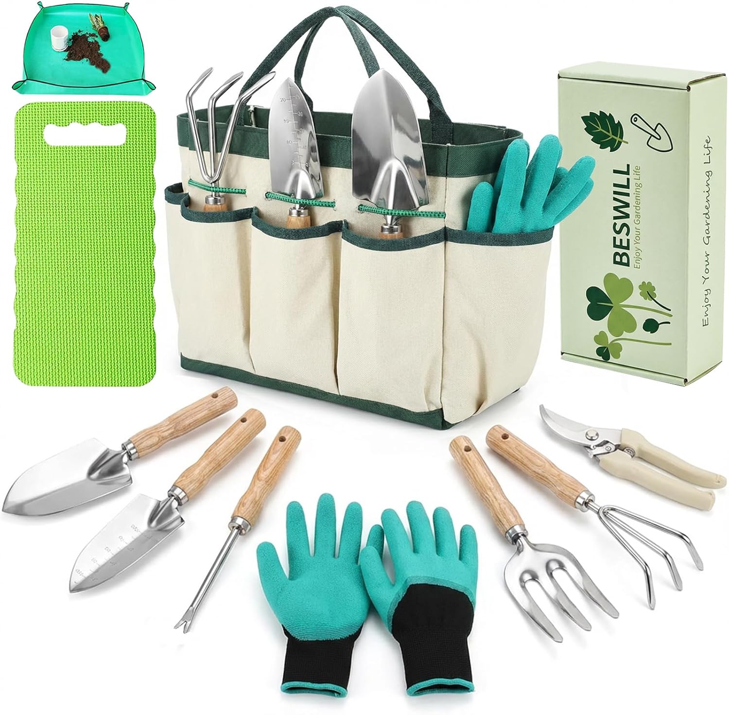 10-Piece Heavy-Duty Gardening Tools Set with Tote Bag - Rust-Proof Aluminum Gardening Hand Tools with Non-Slip Ergonomic Wood Handle - Gardening Supplies Set Ideal Gift for Men & Women