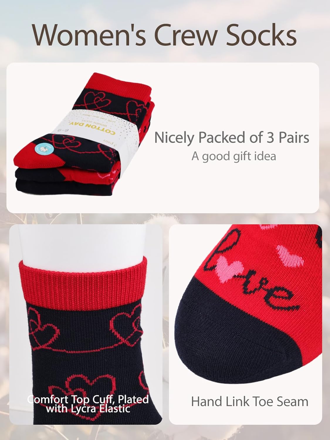 COTTON DAY Women's Valentine‘s Day Hearts Design Socks Soft Combed Cotton Seamless Toe - Image 5