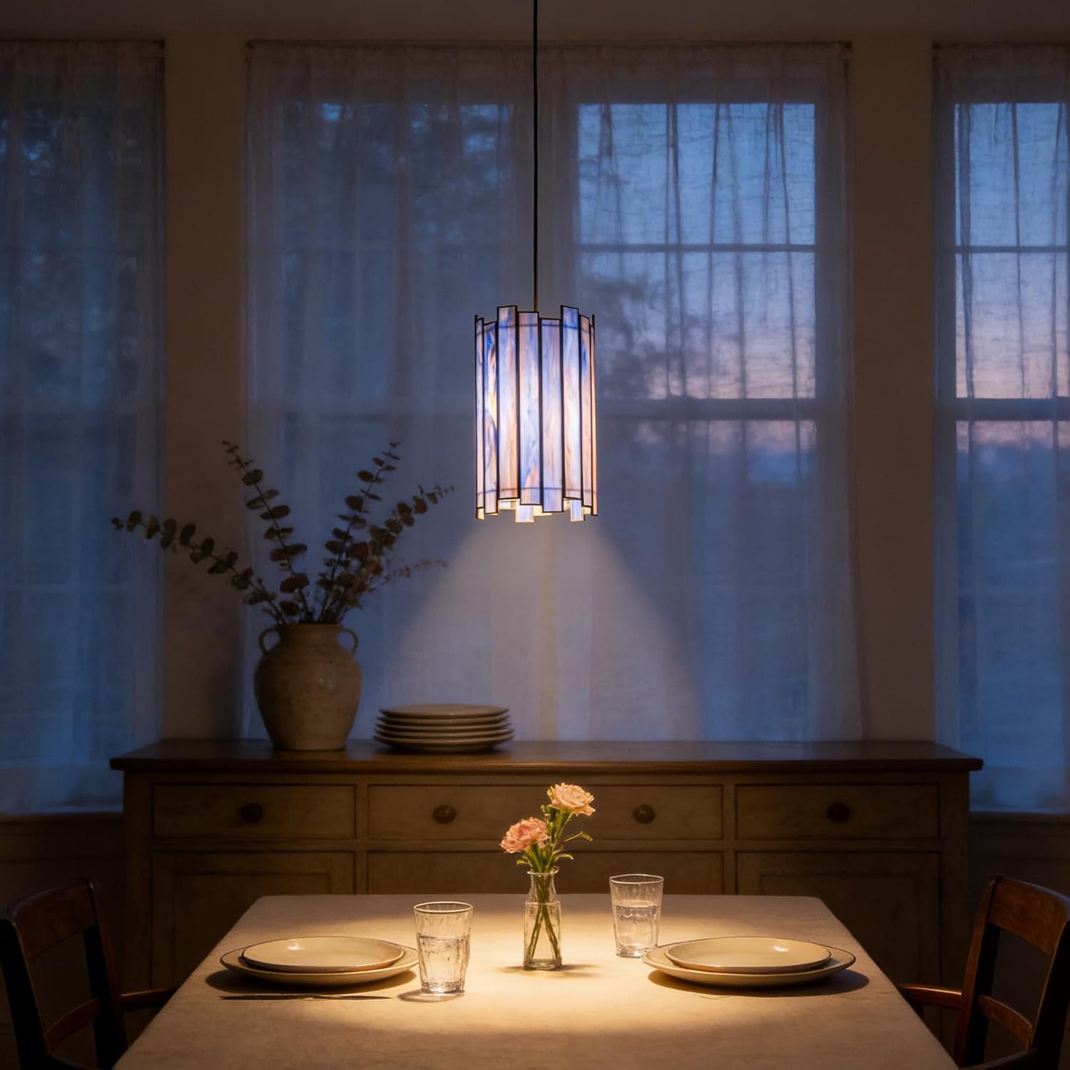 Tiffany Pendant Lighting, 7" Brass Cylindrical Hanging Lamp with Stained Glass for Foyer, Entryway, Bedroom, Dining Room, Stairwell (Deep Blue)