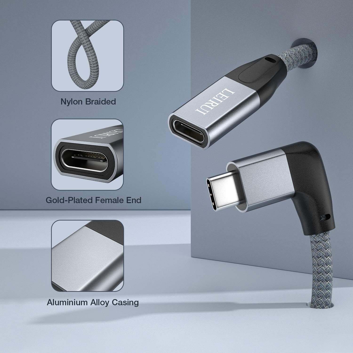 Buy 1 get 1 LEIRUI 90 Degree USB C Extension Cable 0.65 Feet, Right Angle USB 3.1(10Gbps)Type C Male to Female Extension Fast Charging Cable Compatible for Nintendo Switch,Thunderbolt 3 MacBook Pro,Samsung S10 S9