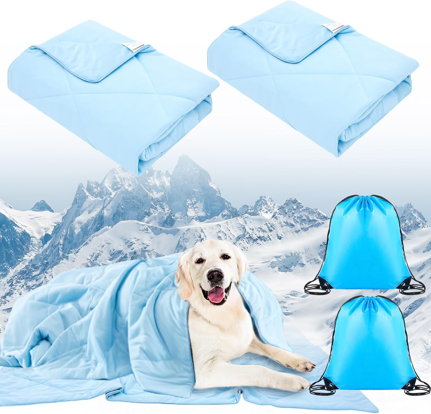 2 Pack Cooling Dog Blanket for Summer Soft Sky Blue Pet Sleep Cover Washable Breathable Odor Control Expertly Sewn Travel Crate Layer for Indoor Outdoor Use (Dark Blue,L)