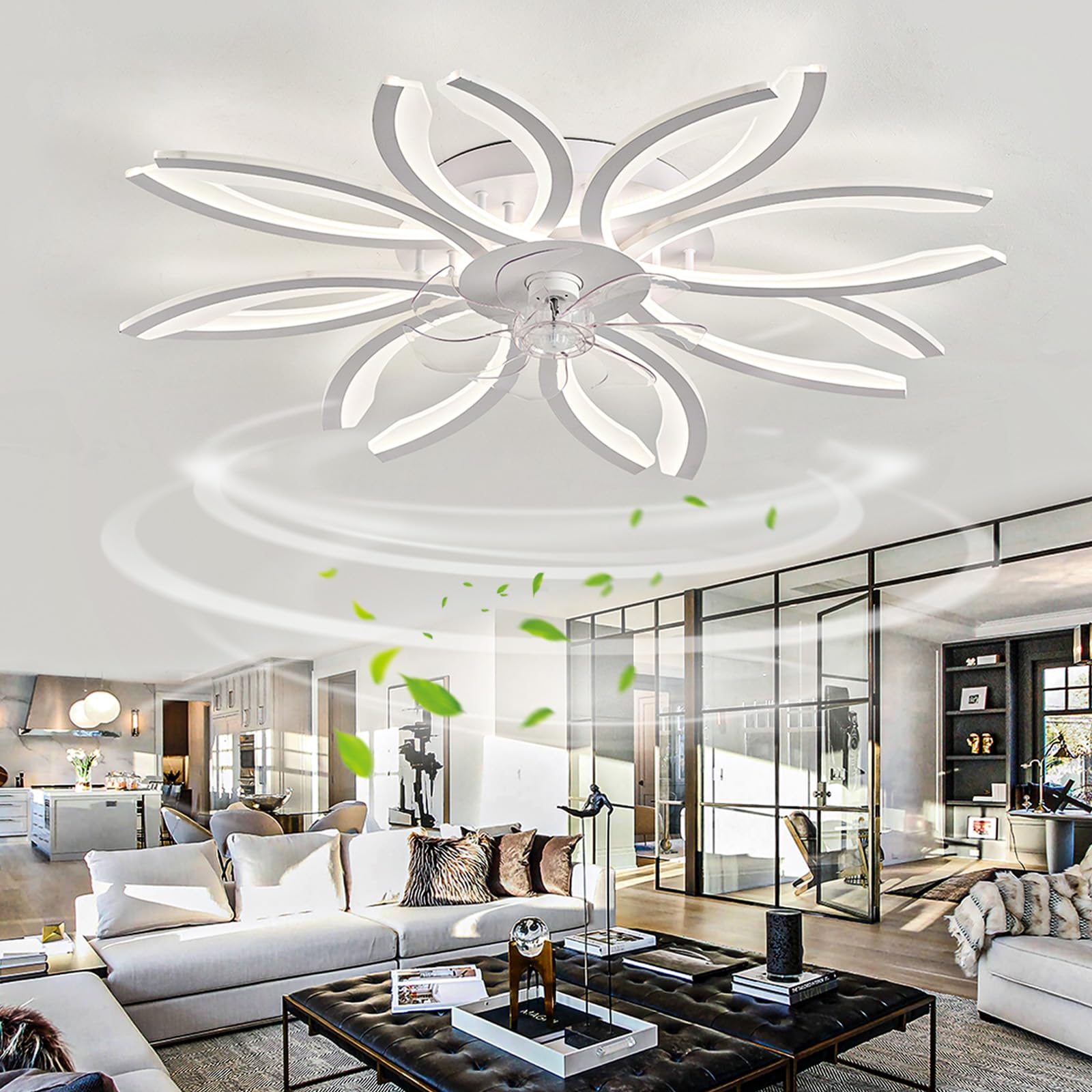 Caufloce Ceiling Fans with Lights Reversible Bedroom Ceiling Fans with Lamps Dimmable Led Fan Light 6 Speed with Timer Modern Living Roomchandelier with Fan for Kitchen Lounge-105cm White
