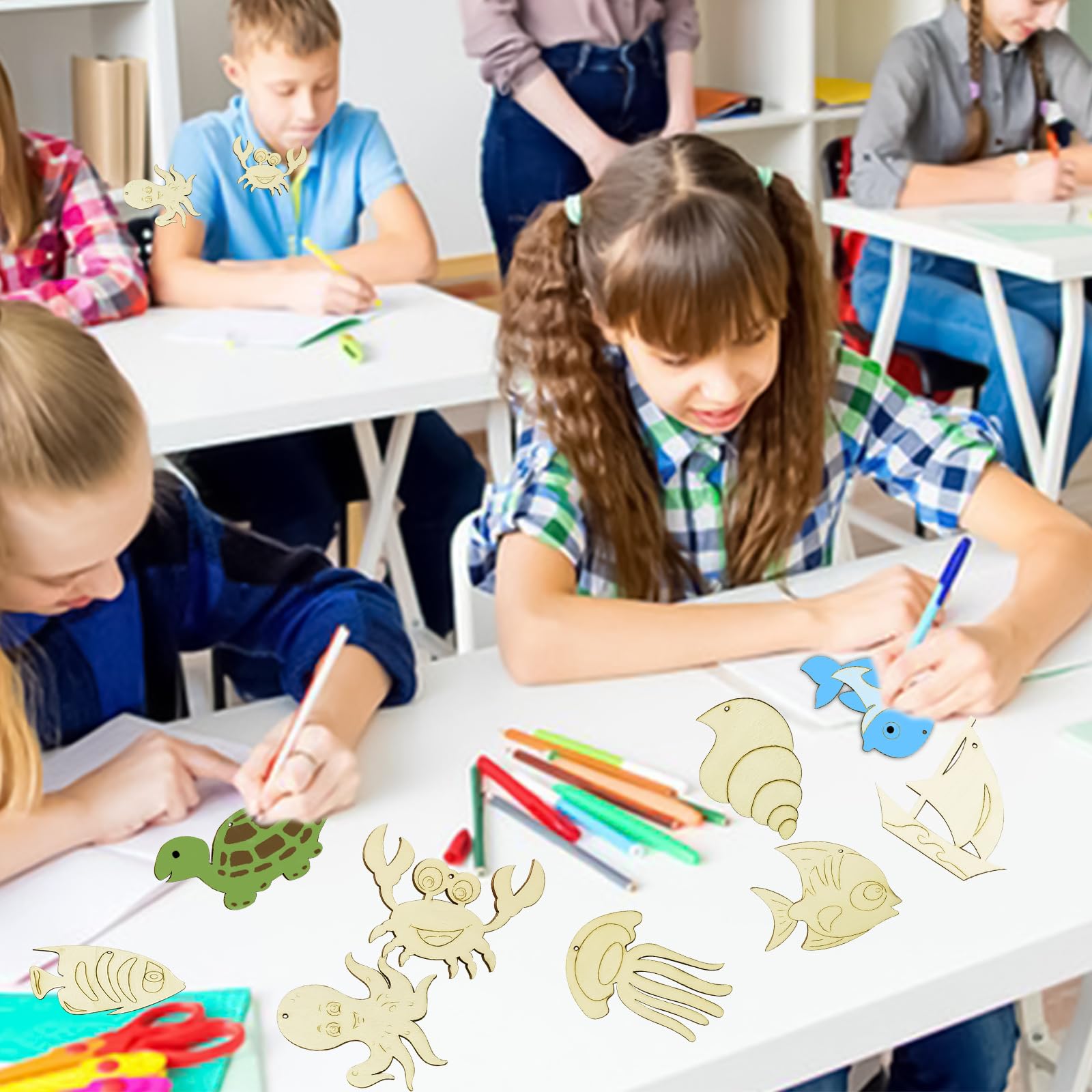 Aupawdy Kit De 15 Campanas De Viento De Animales Marinos DIY – Manualidades De Madera Para Niños, Incluye Pinturas Y Accesorios