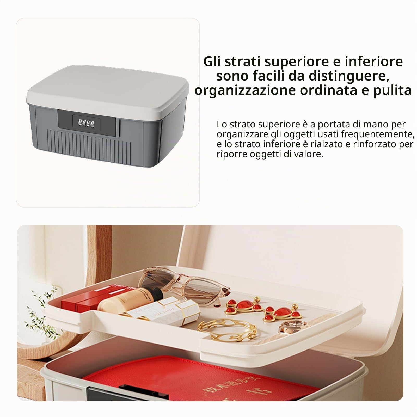 TWSOUL Cassaforte codice numerico, scatola sicurezza esterni, cassetta sicurezza a due strati, serratura combinazione, contenitore portatile medicina (grigio)