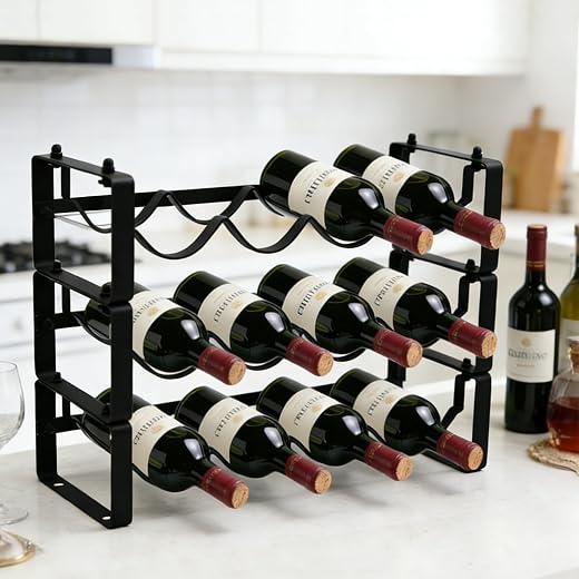 12 Bottles Wine Rack for Countertop – Stackable Freestanding Wine Bottle Organizer for Kitchen, Pantry, & Bar Cabinet, 3-Tier Angle Adjustable Tabletop Wine Bottle Holder for Tight Spaces