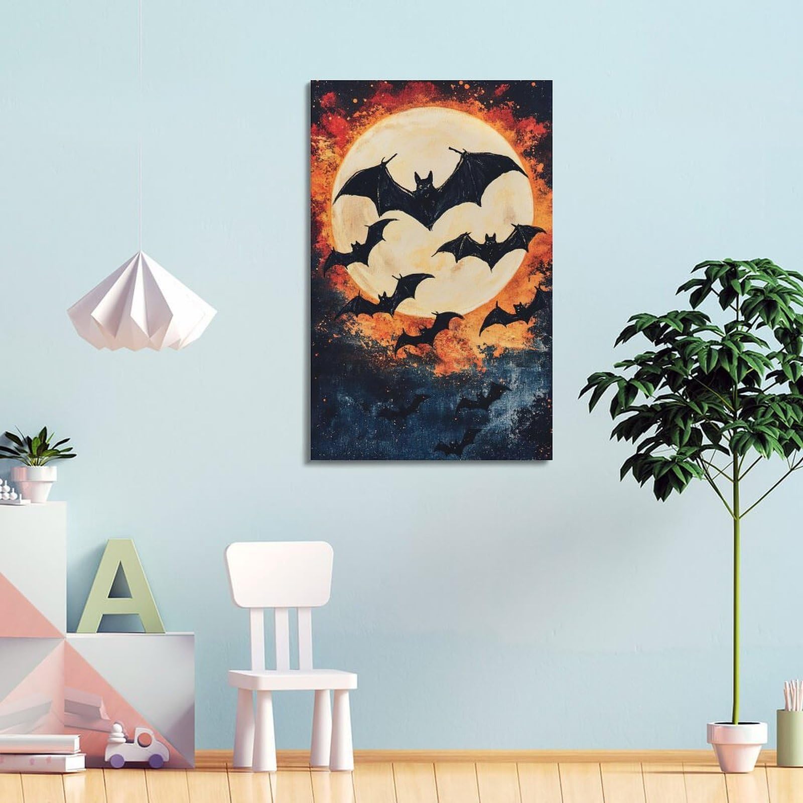 Modern Home Print - Poster da parete su tela, poster di Halloween, con sagoma di pipistrello e sciame al chiaro di luna, con sagoma misteriosa e ha un festival, decorazioni per Halloween, 50 x 75 cm