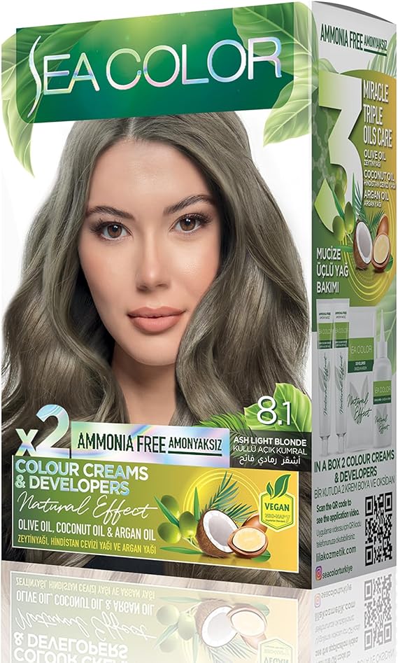 SEA COLOR Non-Ammonia, Vegan, Natural, Nourishing Permanent Hair Dye 100% White Closure (1 PACK 2 x 50 ml Dye & OXIDANT) (Angle Brunette 8.1)
