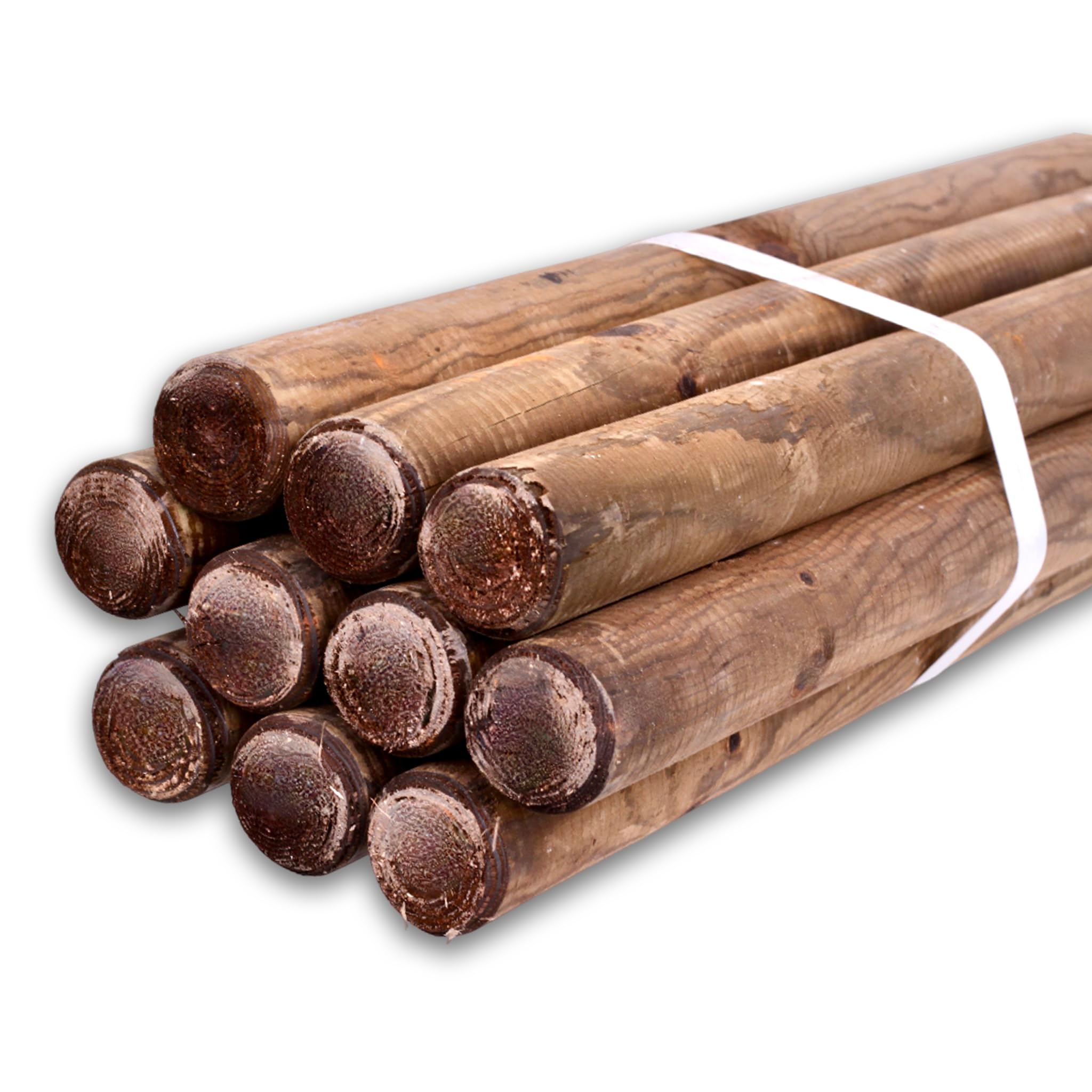 Juego de 10 estacas de madera redondas impregnadas de color marrón, 6 cm de diámetro, diferentes longitudes y grosores, ideales como postes de vallas, estacas de plantas o postes de árboles (150 cm de