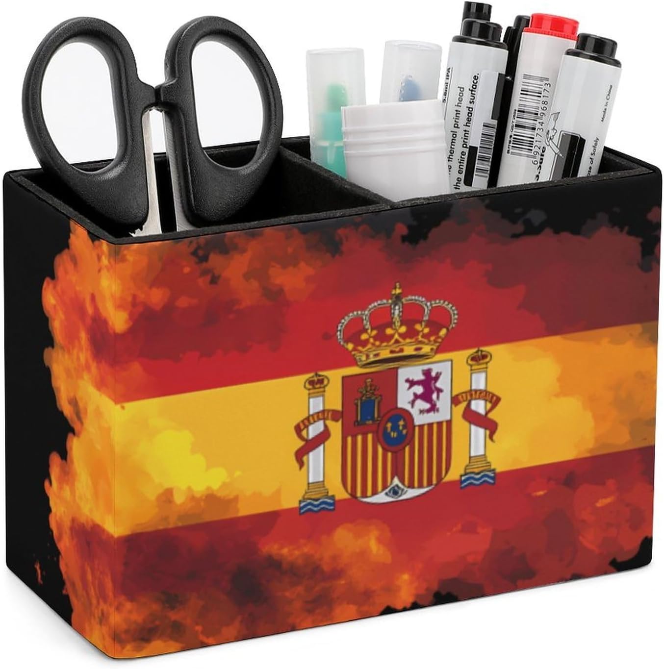 Spain Spanish Flag Pencil Pen Holder PU Leather Desk Storage Organizer Makeup Brush Box
