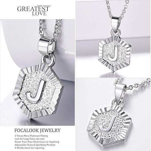 Vista 5 de FOCALOOK Initial Necklaces for Women Yellow GoldPlatinum Plated Hexagon Letter Pendant Necklace 18 Inch