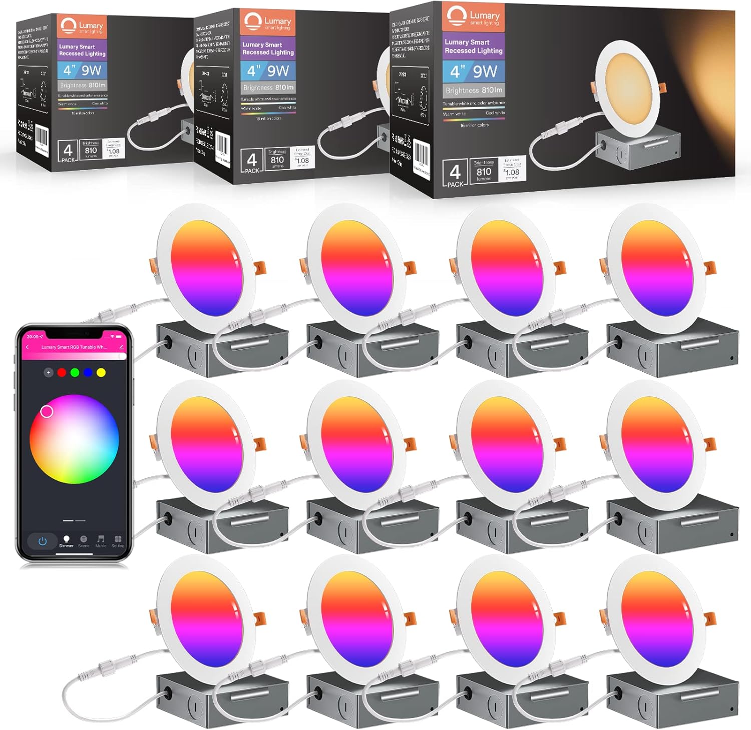 Lumary 4 Inch Smart WiFi Recessed Lights, Smart Recessed Lighting with Junction Box,9W 810LM Smart Wafer Lights Work with Alexa/Google Assistant(4 Inch-12PACK) 4 IN-12 White White