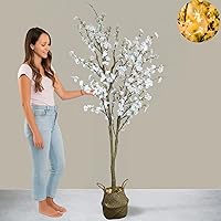 6ft LED Light Up Artificial Cherry Blossom Tree with Basket - White Sakura Faux Tree for Japandi Living Room Decor