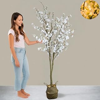 6ft LED Light Up Artificial Cherry Blossom Tree with Basket - White Sakura Faux Tree for Japandi Living Room Decor