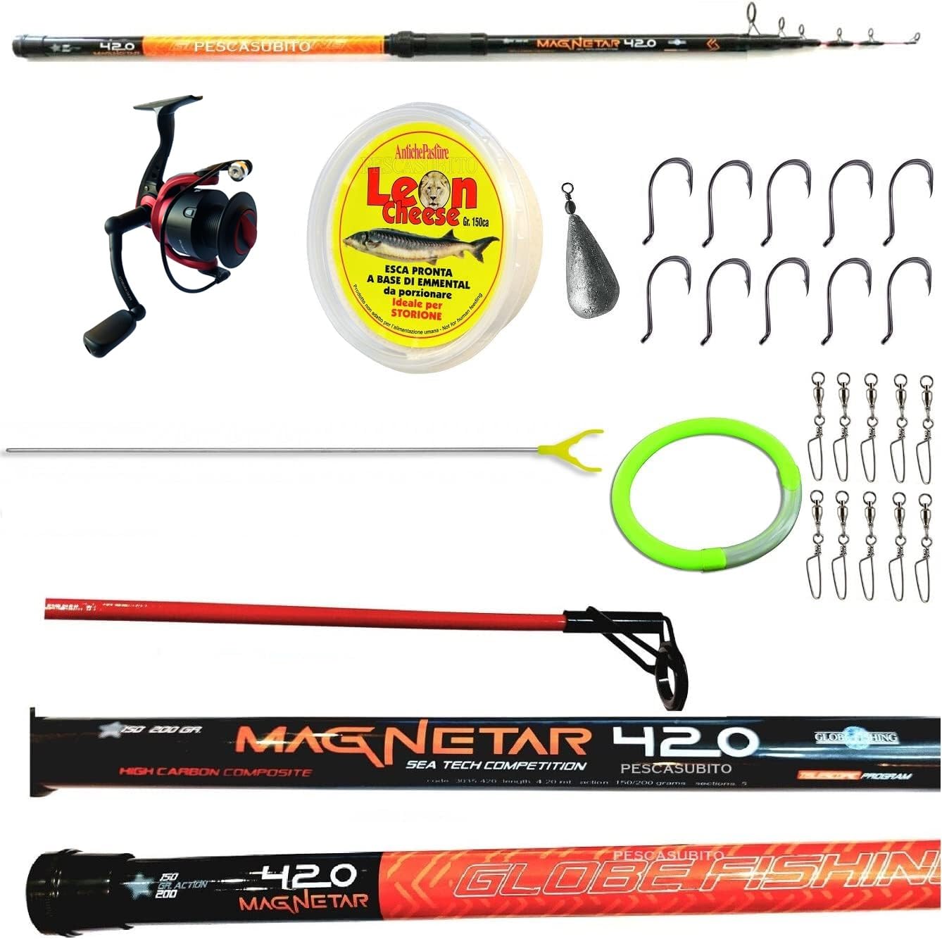 Combo Attrezzatura Pesca Storione Canna Mulinello Filo Esca Accessori Storioni