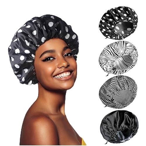 Fishent Gorro de ducha, paquete de 4 gorros de ducha ajustables para mujer, elegantes gorras de ducha impermeables de doble capa, gorras de pelo
