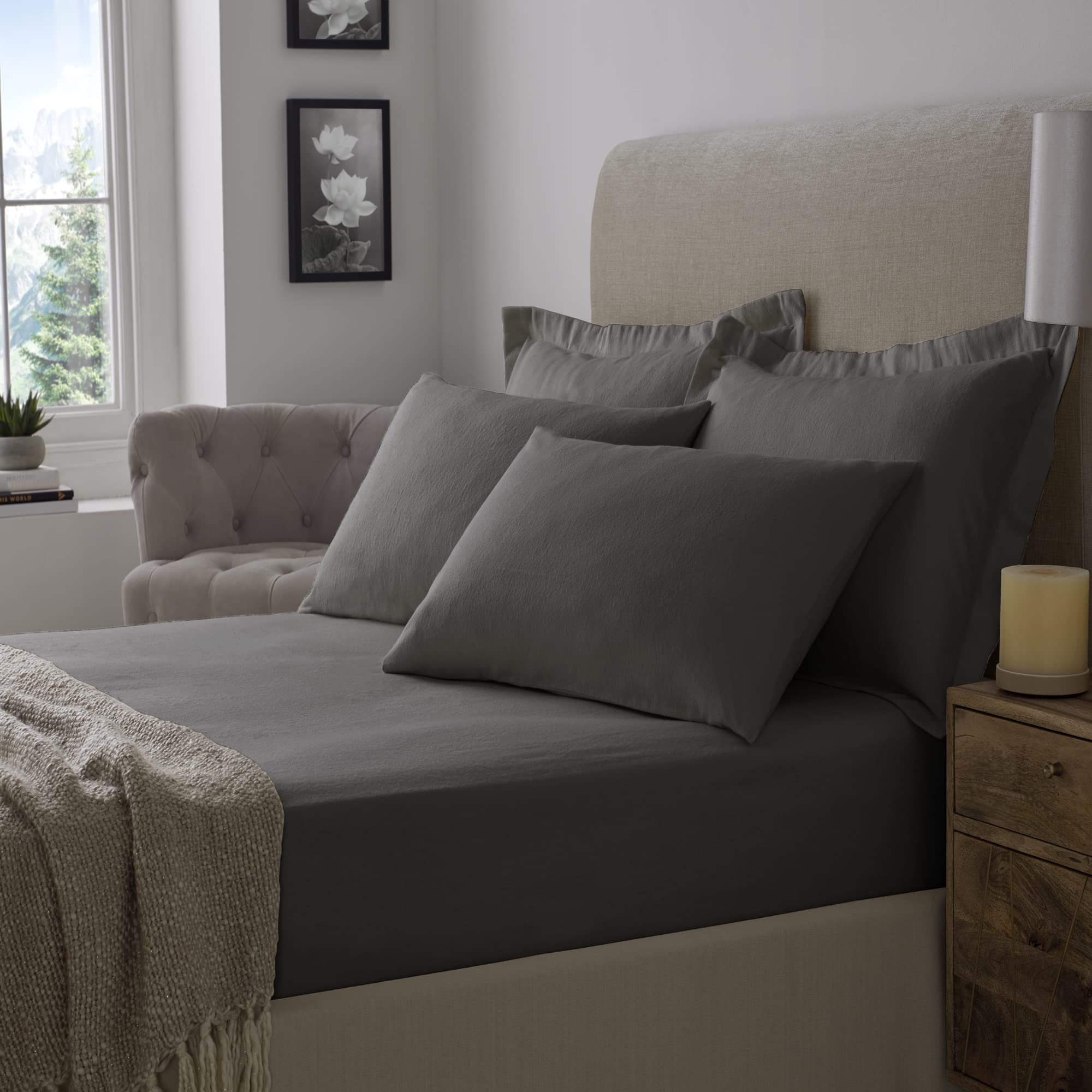 Flannelette 100% Brushed Cotton Soft 16"/40CM Extra Deep Fitted Sheets (King, Charcoal)