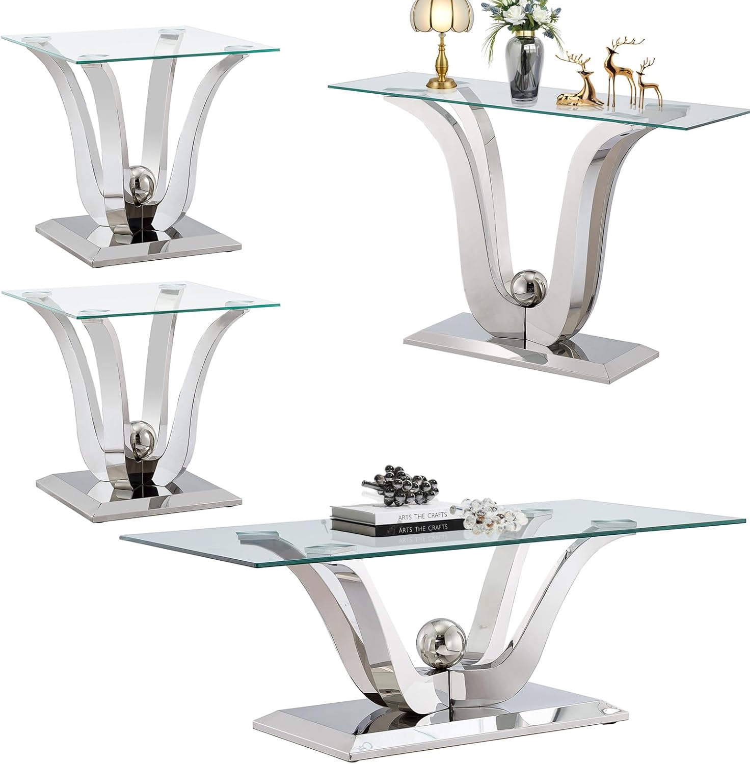 4 Piece Glass Coffee Table Set, Silver Coffee Table with 1 Sofa Table and 2 Square End Side Tables, Modern Living Room Table Set with Gorgeous Stainless Steel Frame for Apartment Home Office