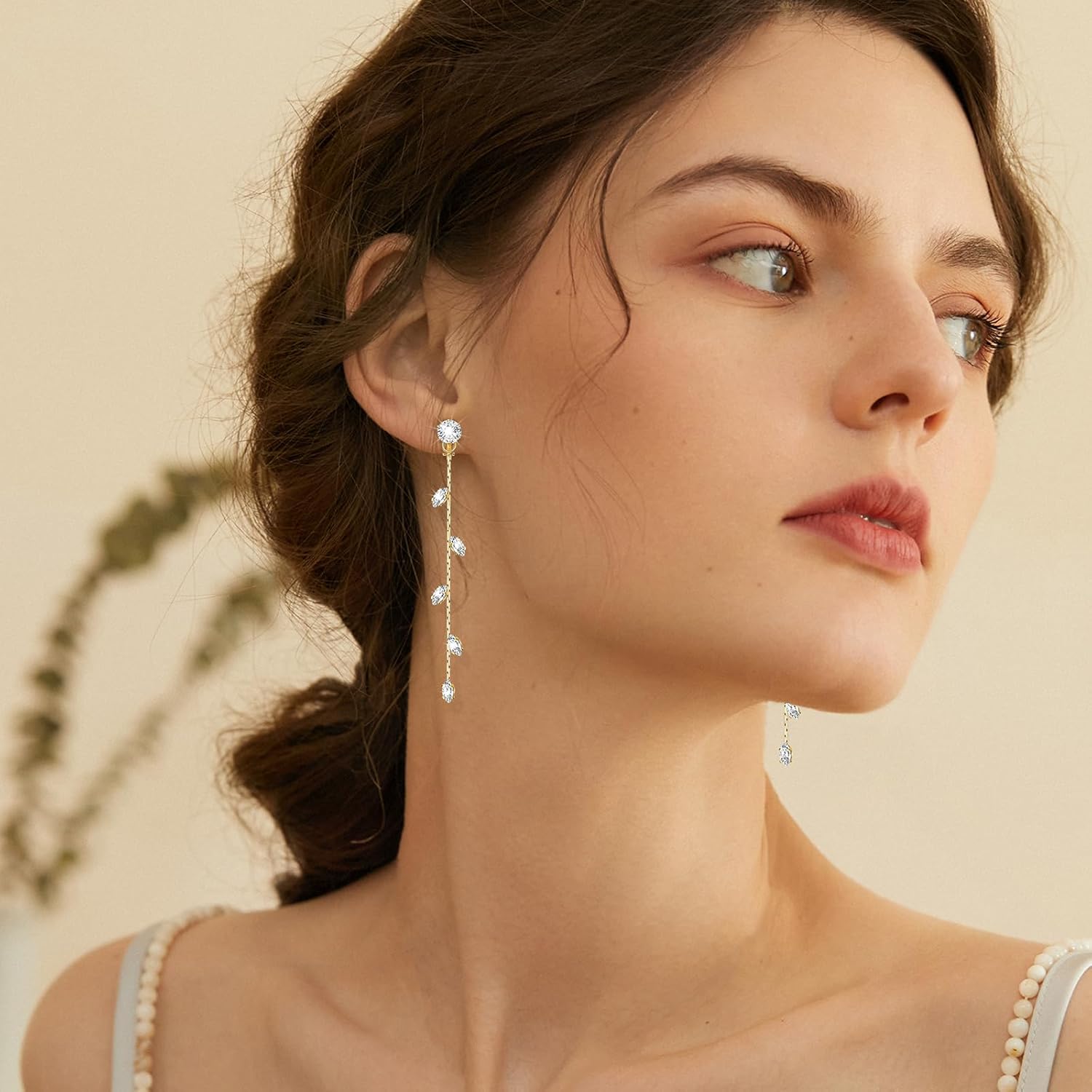 Gold/Silver Clip on Earrings Non Pierced for Women - 14K Gold Plated Long Tasse Drop Dangle Clip Earrings - Cubic Zirconia Leaf Earrings for Women Gold Wedding Jewelry Gifts - Image 6