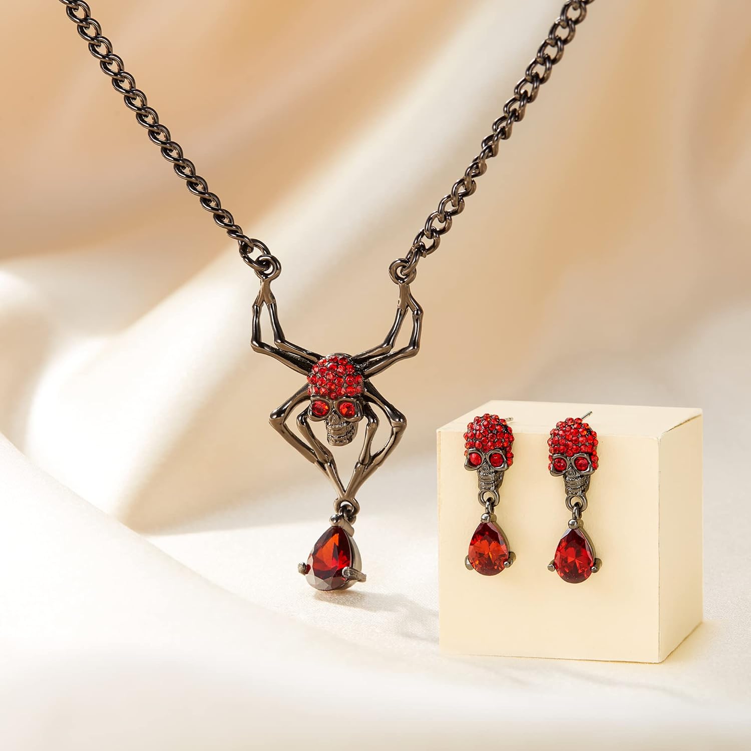 EVER FAITH Halloween Jewelry Set Vintage Gothic Spider Skull Round Crystal Pendant Necklace Drop Earrings Sets for Women - Image 5