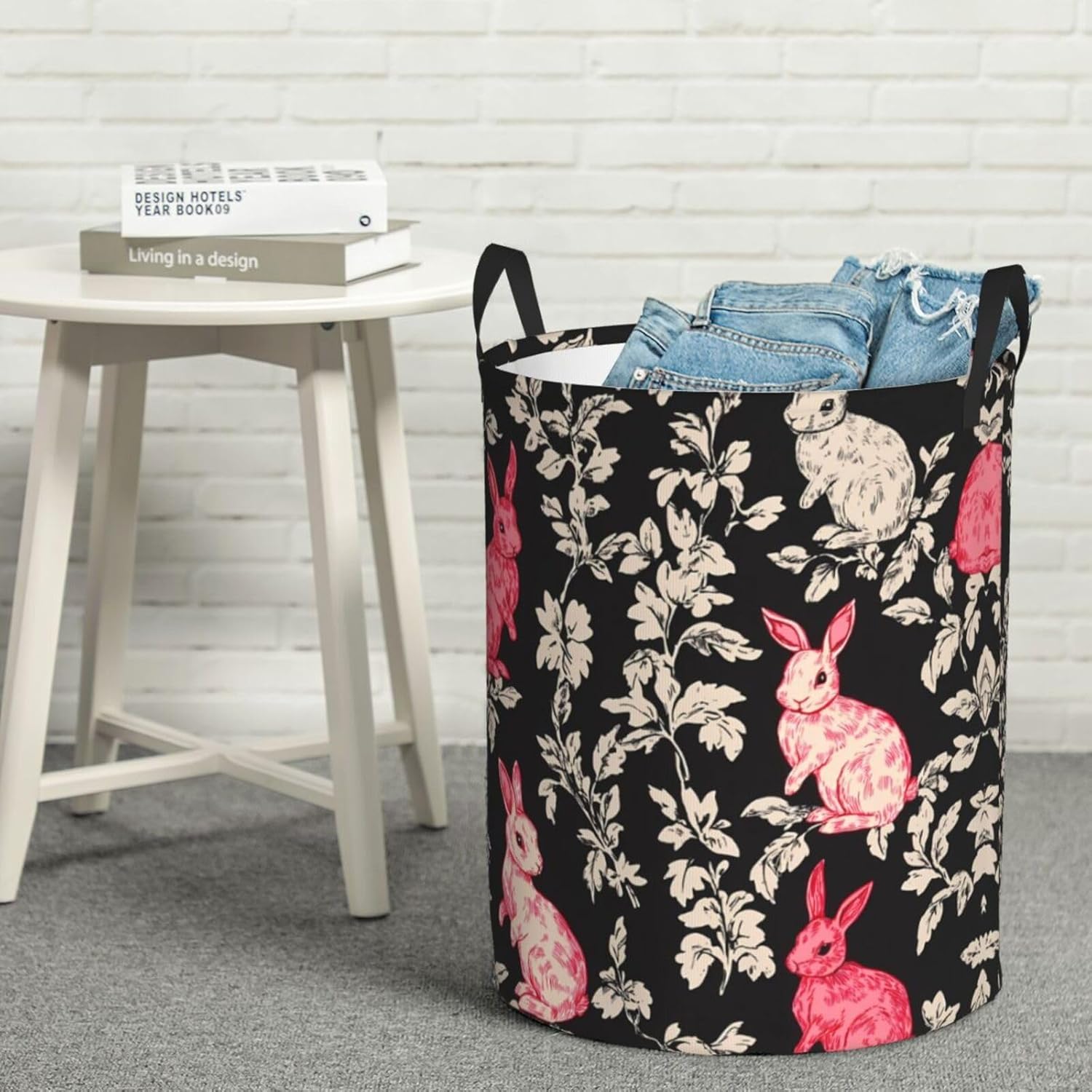 Bunny flower Round Single-layer Laundry Basket, Portable Storage Laundry Basket, Bedroom Clothes Storage Basket with Handle