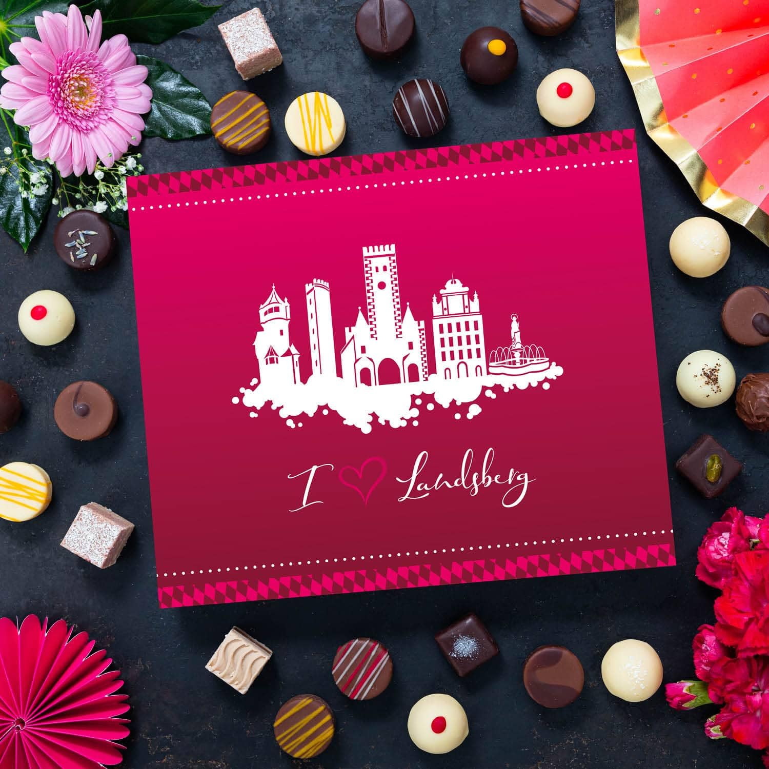 Hallingers Genuss Manufaktur Pralinen Geschenk - ohne Alkohol, handmade aus Confiserie-Edelkakao in wertiger XXL-Geschenkbox "I love Landsberg", Geschenkidee für Frauen Männer