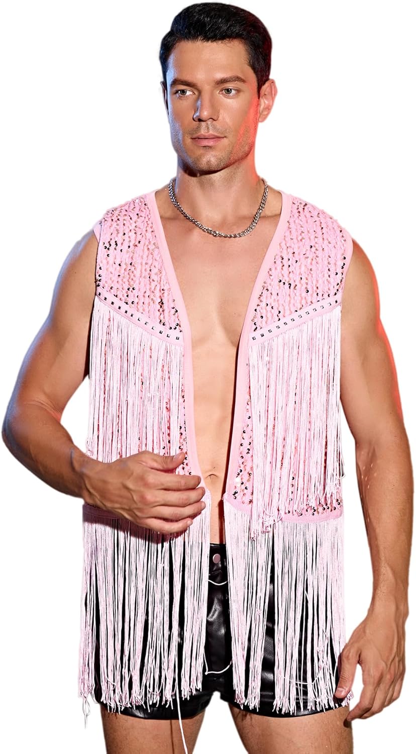 WDIRARA Men's Contrast Sequins Fringe Trim Sleeveless Open Front Party Club Jacket