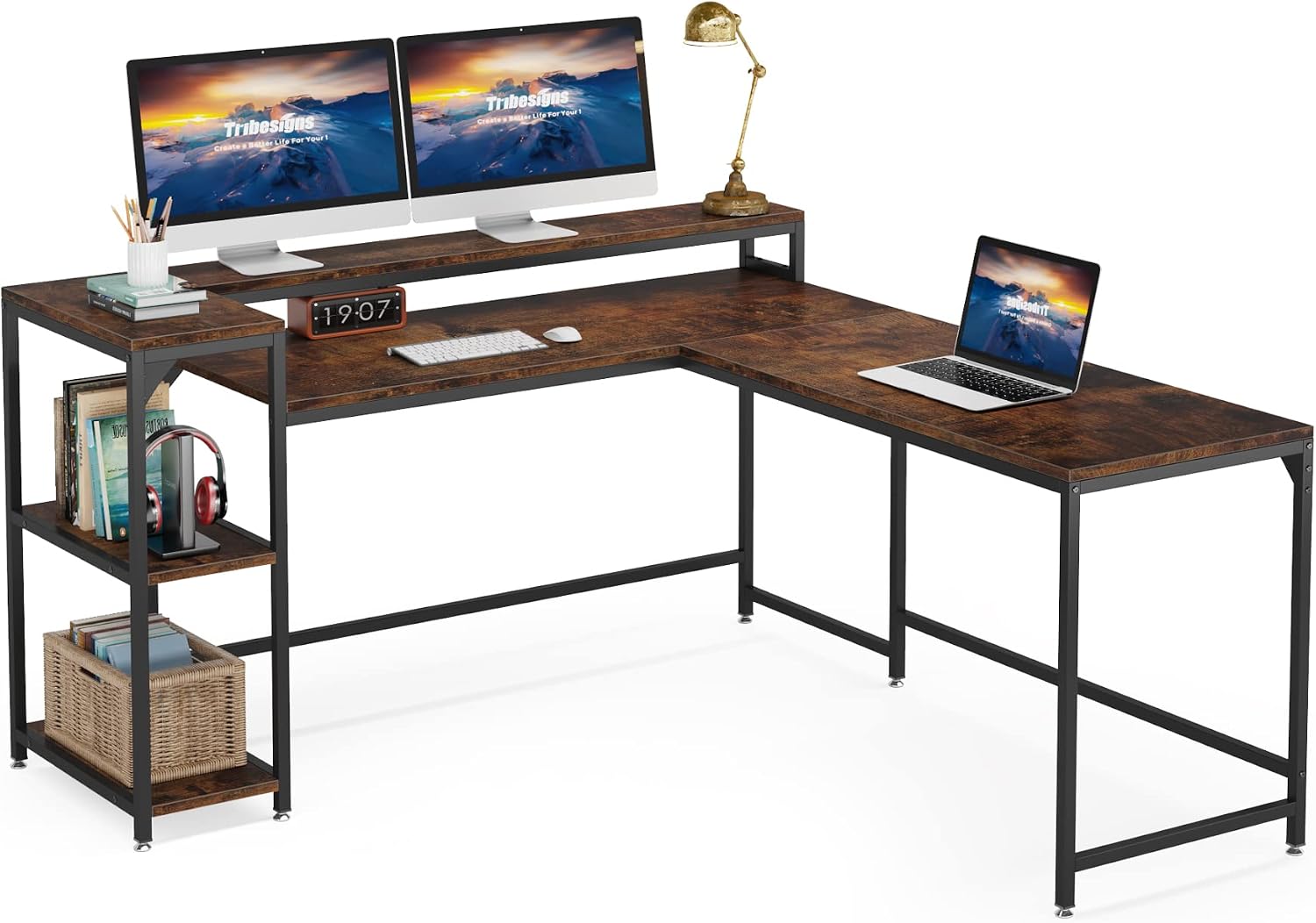 Amazon.com: Tribesigns L Shaped Desk with Monitor Stand and Storage ...