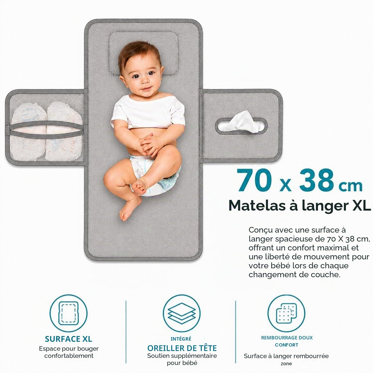 Sac à langer Baby Doyli Voyage XL | Matelas à langer pliable | Gris | 6 pockets for diapers, wipes, and keys with a harness to hang anywhere easily