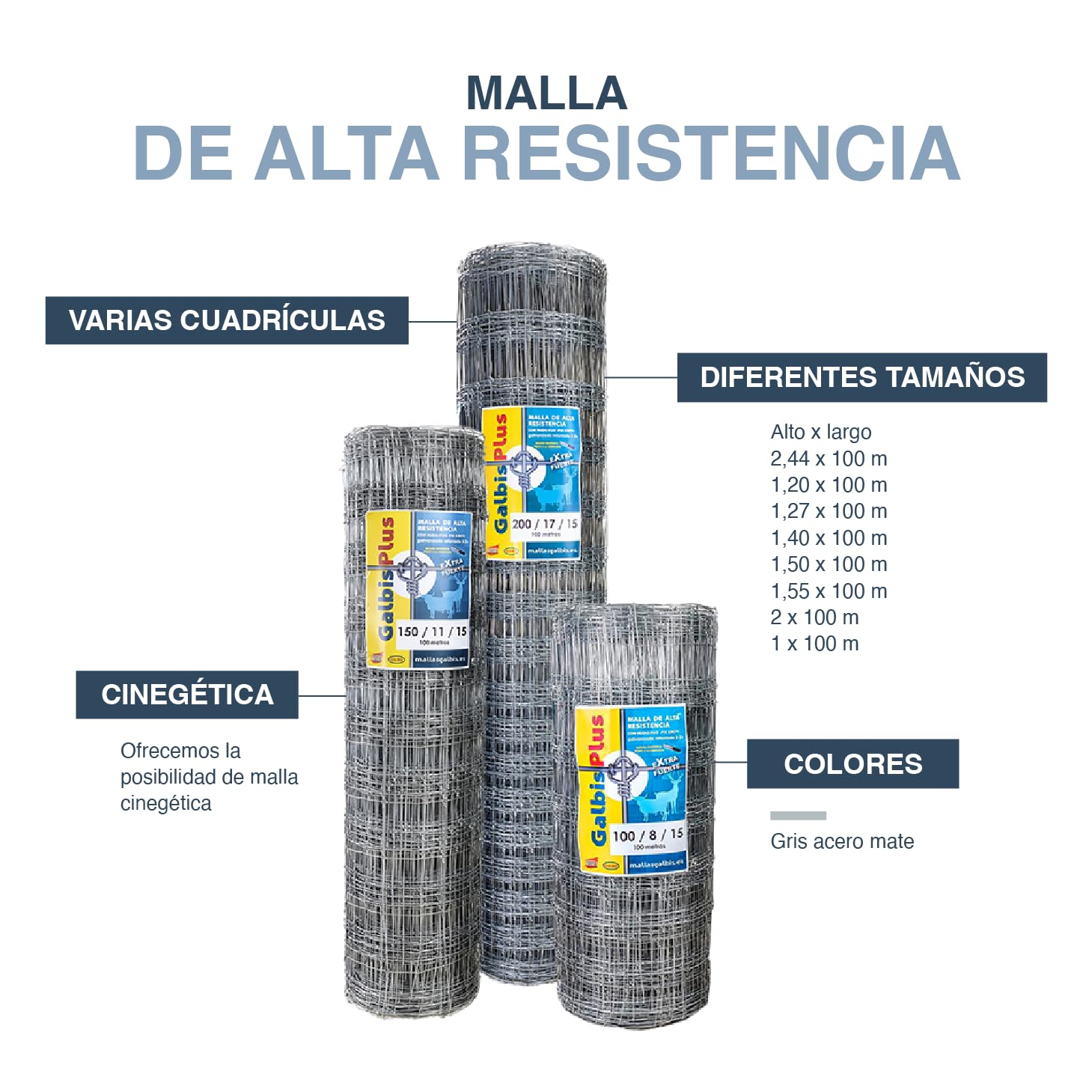 Malla de Alta Resistencia Galbis Plus - Cinegética | Rollo: 100m | Color: Gris | Alto: 200cm | Diámetro: 36cm