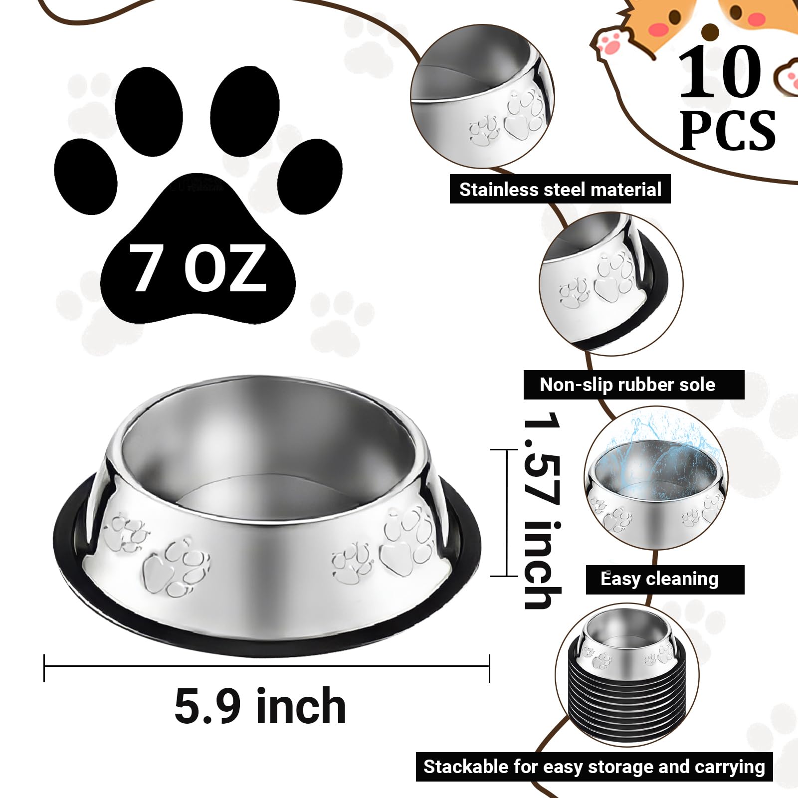 Olutacot 10 Pcs Stainless Steel Dog Bowl Pet Feeding Bowl with Rubber Base Non-Slip Pet Dishes Metal Dog Bowls Pet Food and Water Bowls for Small Medium Animals Kitten Rabbit (7 oz)