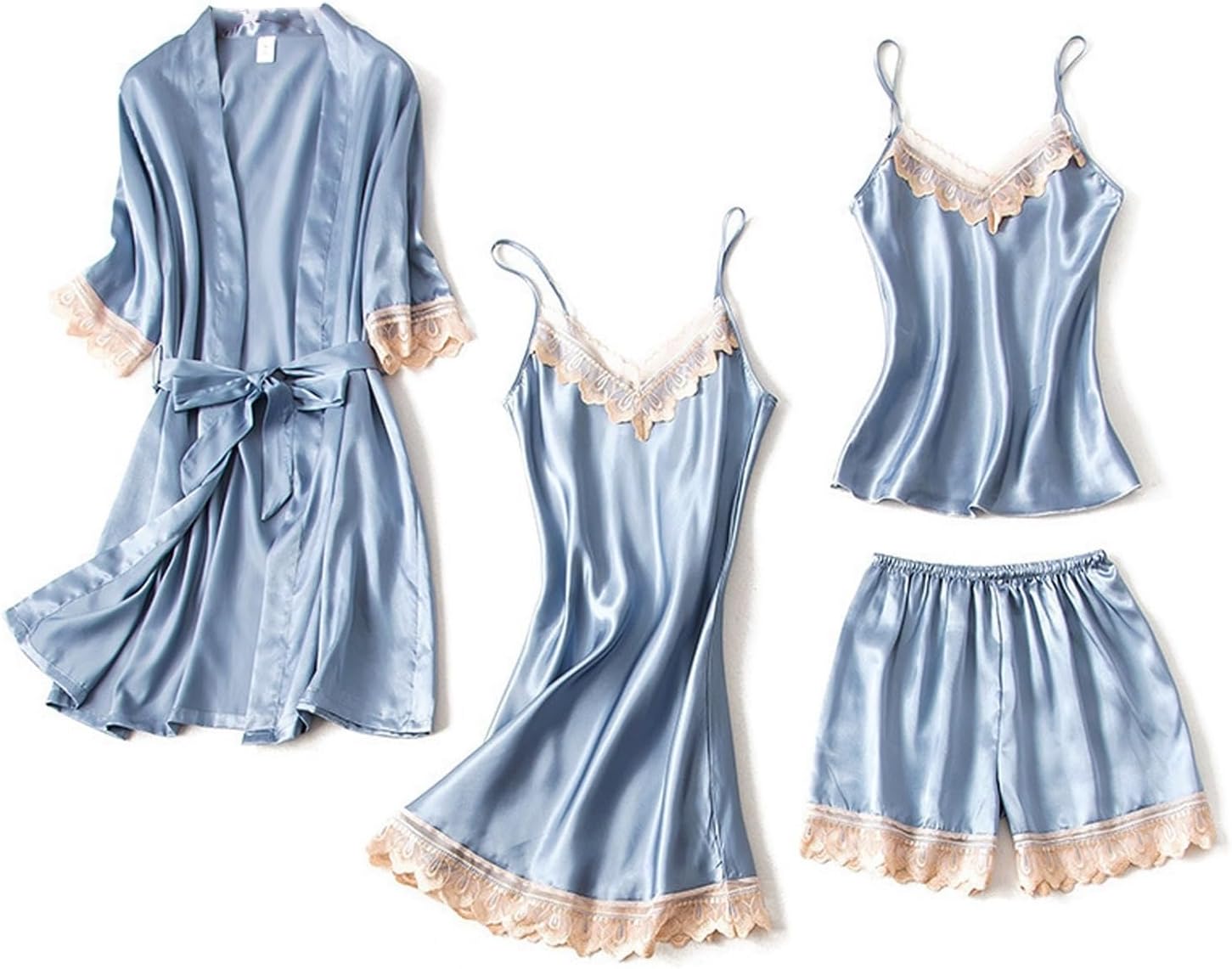 Women Sleepwear 4pcs Lingerie V Neck Nightwear Floral Lace Trim Pajama Set With Robe Camisole Slip Dress Tank Short