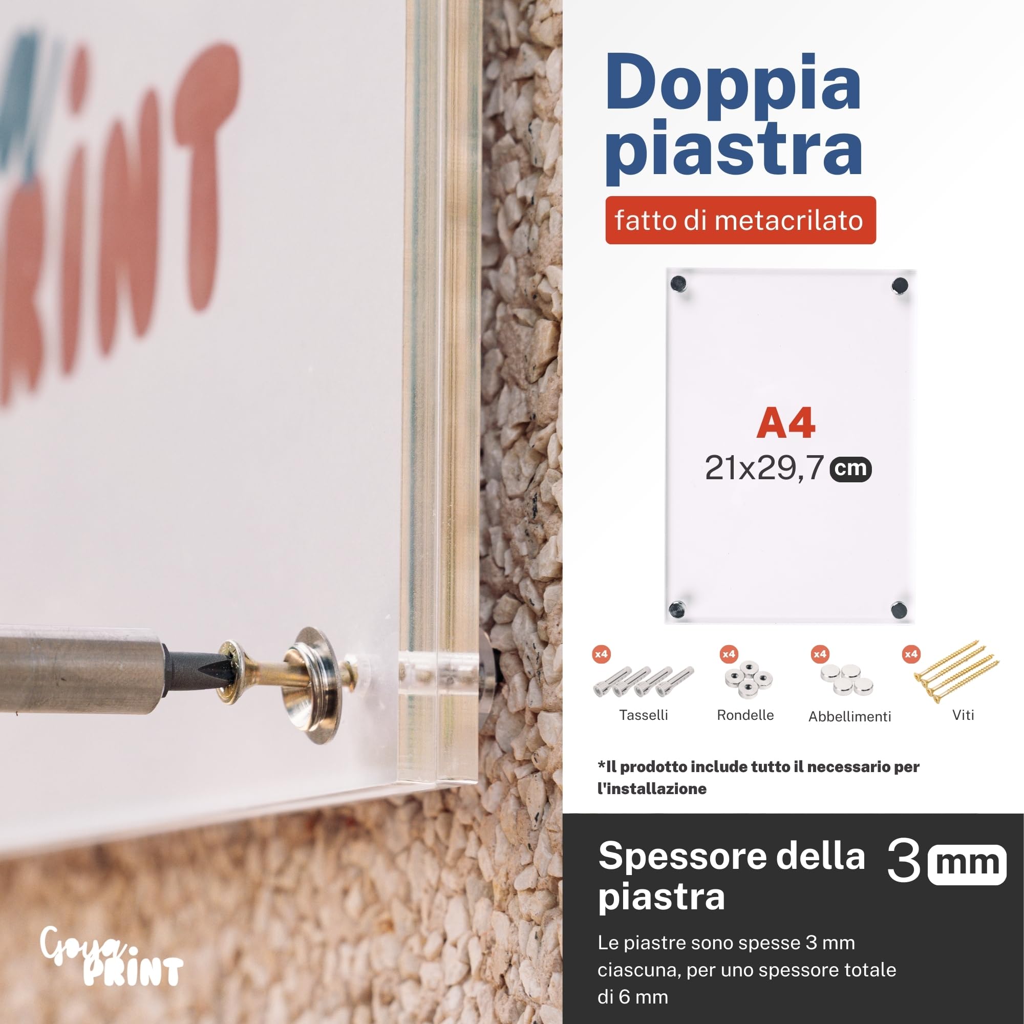 GOYAPRINT | Targa in Plexiglass Trasparente A4 3+3 mm – Doppia Lastra Acrilica con Distanziatori, Fissaggio a Parete per Documenti, Foto e Segnaletica (A4-21X29,7 CM, 3+3 MM)
