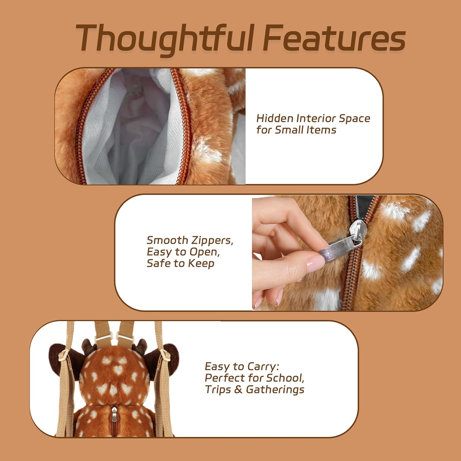 Cute Sika Deer Huggable Plush Animal Backpack for Kids Soft & Cuddly Stuffed Animal Adjustable Shoulder Backpack (Baby Deer)