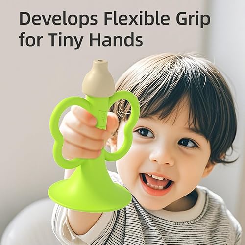 Miniatura 4 de Trompeta de silicona para bebés cuerno suave para juego sensorial y alivio de la dentición, sonidos suaves, 2 unidades, amarillo y verde, fácil