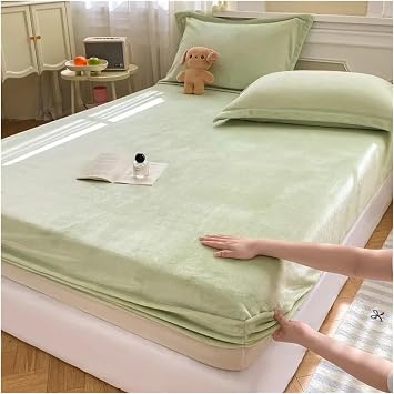 Fitted Bed Sheet 3 Pieces Autumn Winter Warm Fitted Bed Sheet Flannel Soft Comfortable Queen Bed Sheets Thicked Coral Fleece Mattress Cover Plush Bedsheet for Home HotelGreen,90x200cm35x79in