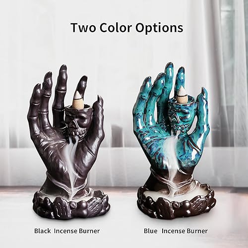 Miniatura 7 de YYW Quemador de incienso de reflujo en cascada con 20 conos de incienso y 30 varitas de incienso, diseño de calavera, mano de cascada, soporte de