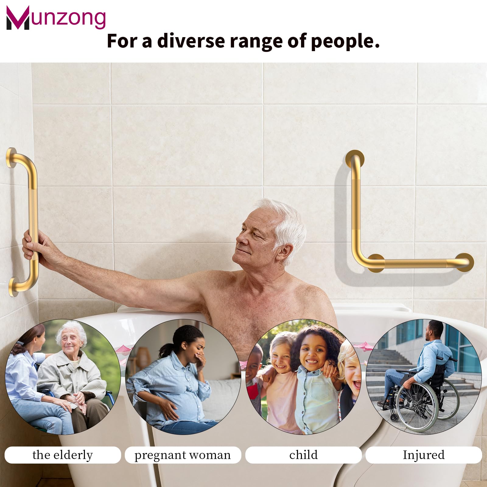 Munzong - Barras de agarre doradas para bañeras y duchas, barra de agarre en ángulo de 16 pulgadas, mango de seguridad estriado de acero inoxidable antideslizante para personas mayores