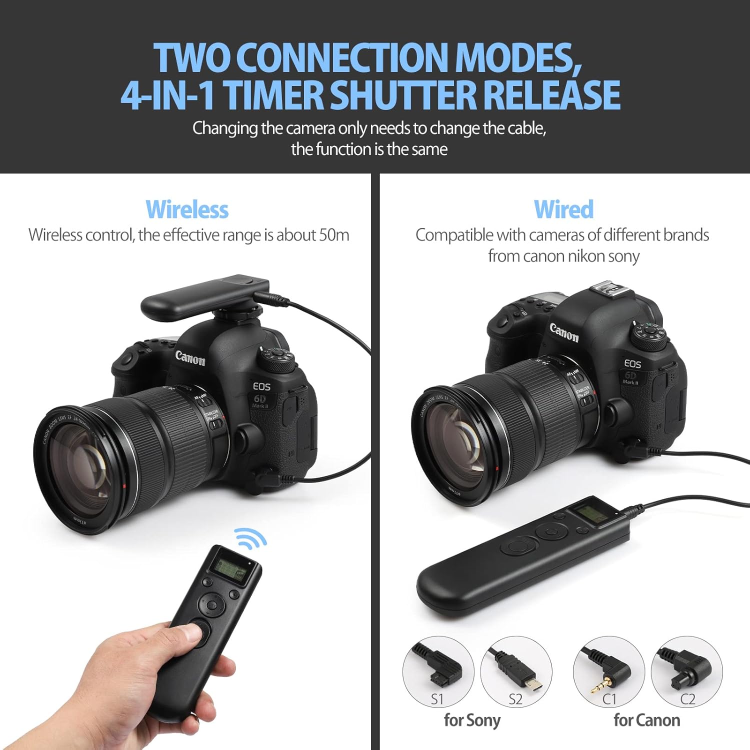 Comparison of wireless and wired connection modes for the ENEGON 4-in-1 timer shutter release, showing compatibility with Canon and Sony cameras.