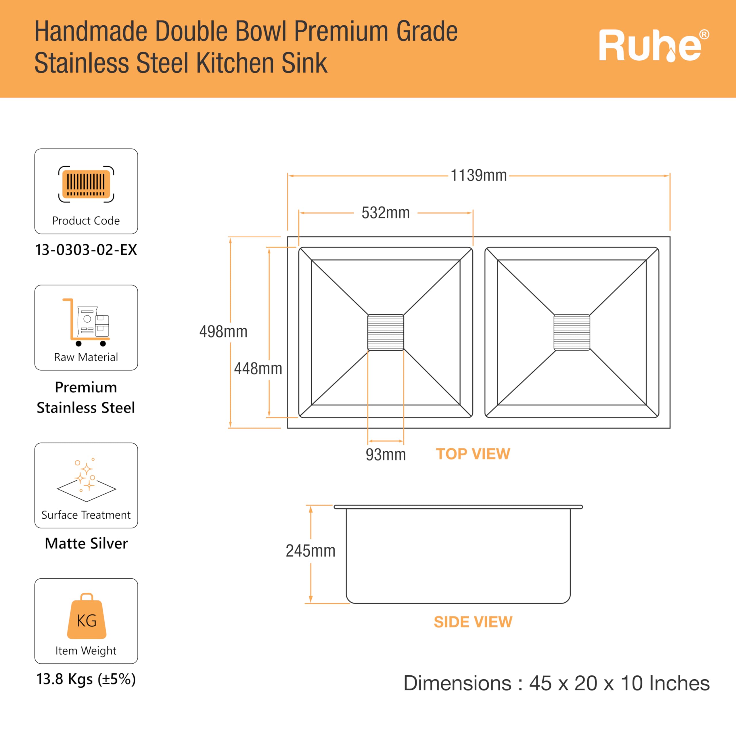 Ruhe Double Bowl Stainless Steel Kitchen Sink - Handmade & Durable -2