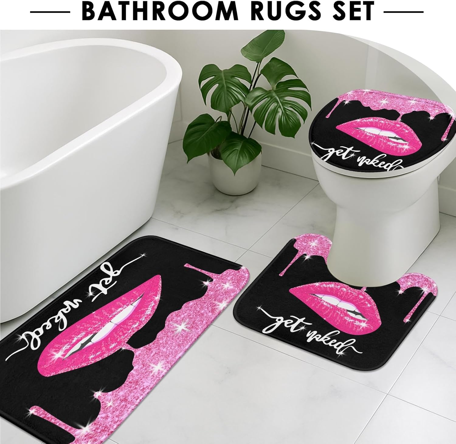 Arttown Black Bathroom Set with Shower Curtain and Rugs Accessories, Glitter Diamond Get Naked Lips Shower Curtains, Black and Pink Bathroom Decor 4 Pcs