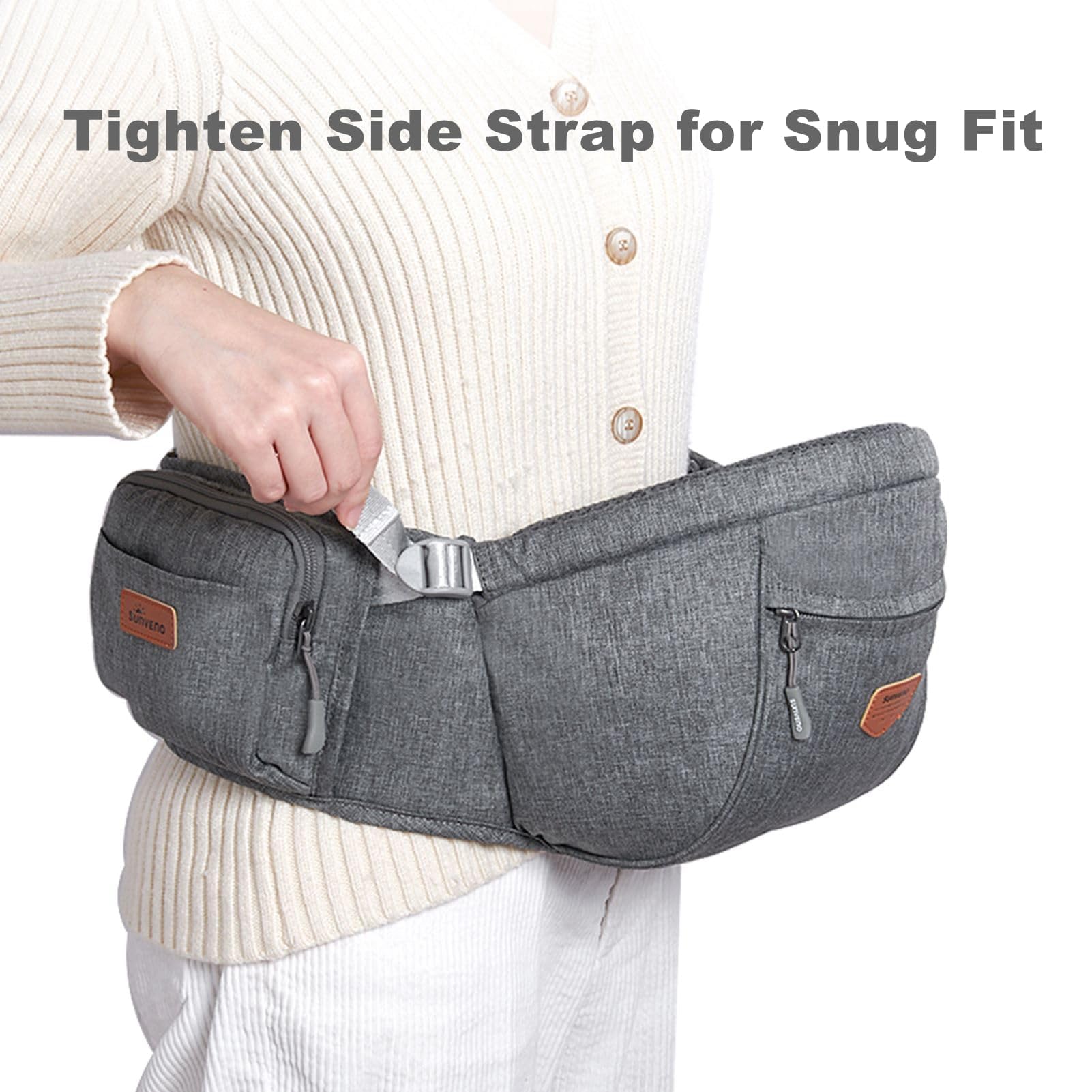 SUNVENO Baby Siège de Hanche Ergonomique, Porte-bébé Respirant avec Assise Physiologique, Porteur Souple en Tissus Certifiés Légers pour Nouveau-nés, Enfants, 6-38 lb, Gris
